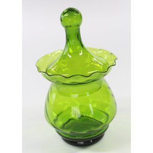 Vintage Green Glass Lolly Jar with Scalloped Lip and Lid